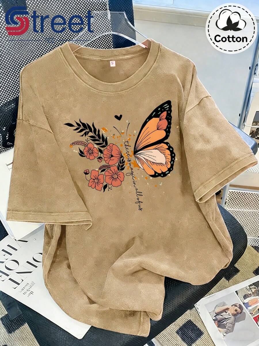 Women's T-Shirt, New Vintage Summer T-Shirt Made Of Washed And Distressed Cotton, Short Sleeve, With An American-Style Orange Butterfly Floral Print, Plus Size Top For Women, Loose Fit, Dropped Shoulders, Round Neck, Oversized Style, Comfortable And Fashionable, Versatile For Everyday Wear, Women's Casual Clothing Style Y2k. - 咖啡色 - 查看 1