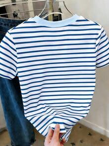 Camiseta casual de mujer de cuello redondo y manga corta con estampado de letras y rayas - Multicolor - Ver 2