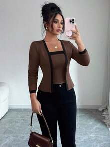 Set de 2 piezas: Top de mangas largas con panel de color elegante de frente abierto y camiseta sin mangas para mujer - Café integral - Ver 1