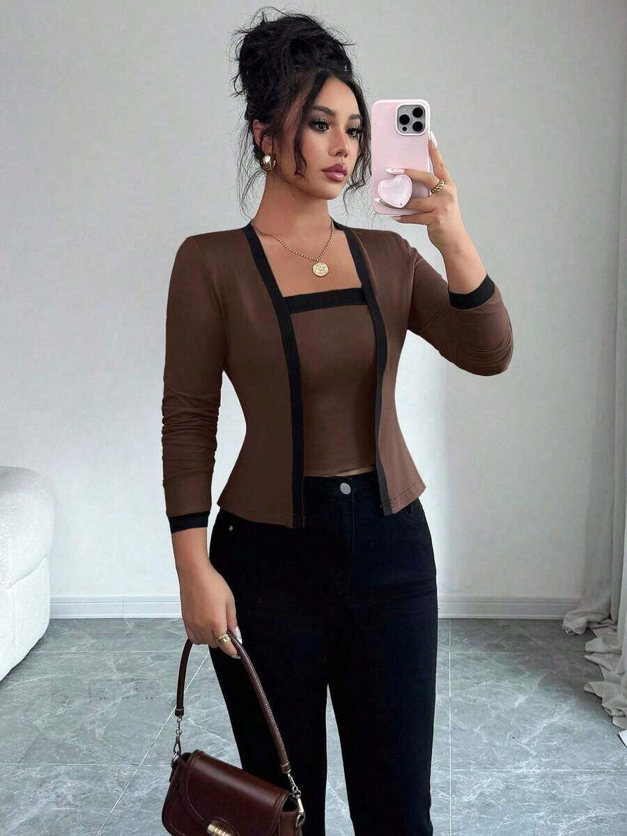 Set de 2 piezas: Top de mangas largas con panel de color elegante de frente abierto y camiseta sin mangas para mujer - Café integral - Ver 1