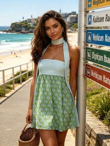 Vestido Mini para Mujer con Estampado Floral y Cuello de Bufanda, Sin Mangas A-Line, Fluido para Vacaciones y Citas de Verano - Verde - Ver 2