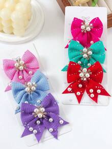 6pcs Candy Color Rhinestone Textured Bow Hairpins, Pearl Crystal Solid Color Barrettes, Elegant Girl Princess Hair Accessories For Daily Wear And Party - Multicolor - View 10