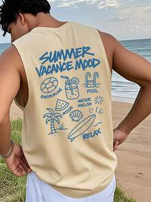 1pc Men's Summer English Text & Palm Tree Print Casual Sleeveless Tank Top - Apricot - View 1