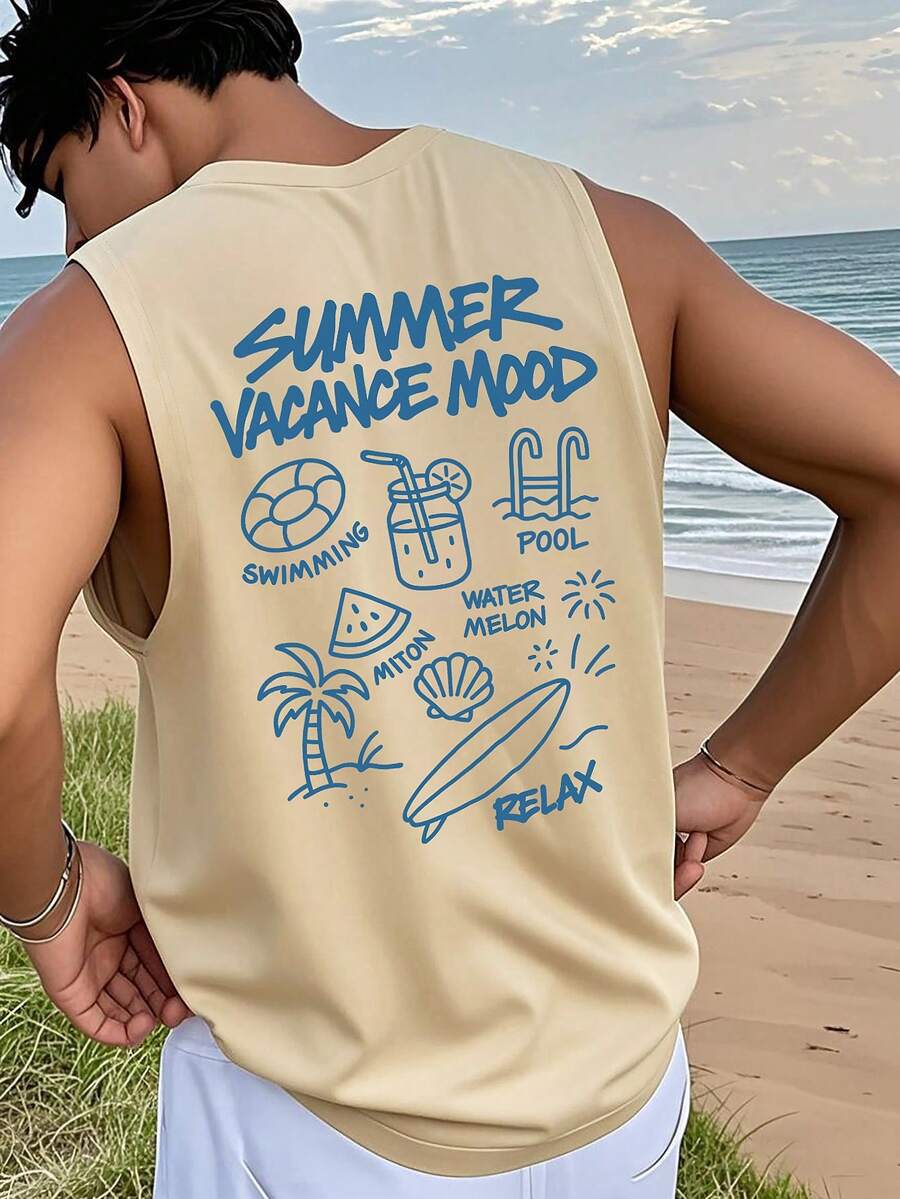 1pc Men's Summer English Text & Palm Tree Print Casual Sleeveless Tank Top - Apricot - View 1