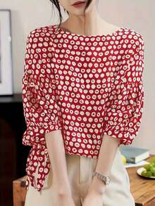 Floral Print Loose Fit Round Neck Drawstring Waist Short Sleeve Pullover Top - Relaxed Fit, Polyester, Floral Design Vacation Summer - Red - View 3