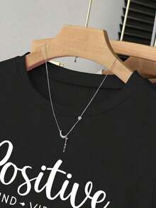 Camiseta ajustada de mujer con estampado de letras en inglés, estilo estilizante y elegante, europeo y americano - Negro 2 - Ver 4