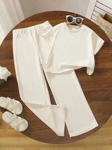 2pcs/Set Tween GirlsCasual Solid Color Round Neck Short Sleeve Cropped Top And Wide Leg Pants, Summer Fashion - Apricot - View 1