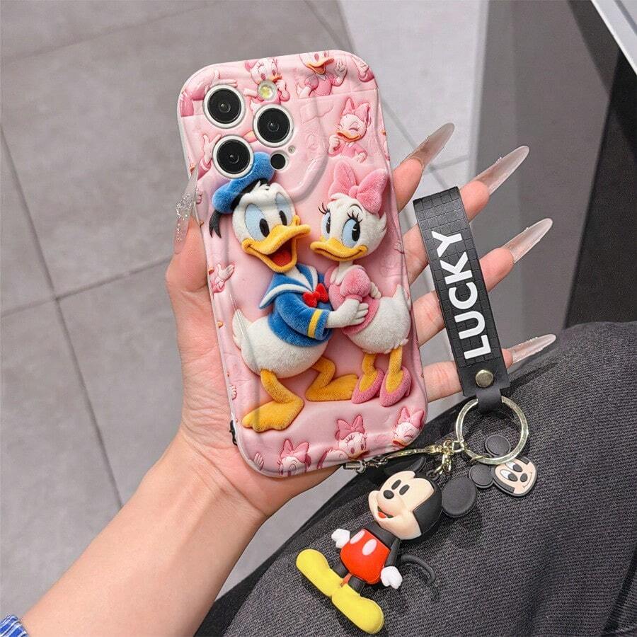 Disney Mickey Mouse Clubhouse Phone Case : 3D Fluffy Pattern Border Protector Phone Soft Phone Case With A Free Cute Mickey Bracelet Chain Lanyard, Mickey, Minnie, Goofy, Donald Duck, Daisy Duck, Pluto, For Apple 17 Promax 17 Pro 16 15 14 13 12 11 Pro Max XS Max X XR Soft Cover Summer Phone Case - White - View 1