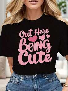 2026 Fashion Graphic Print T-Shirts, Women's Casual Heart Print T-Shirt, Soft And Comfortable, Gift For Valentine's Day Or Birthday, Cotton, Fashion T-Shirt - 黑色 - 查看 5