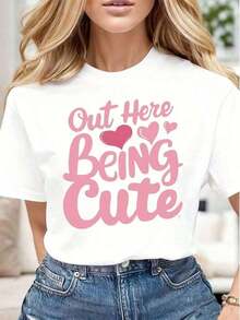 2026 Fashion Graphic Print T-Shirts, Women's Casual Heart Print T-Shirt, Soft And Comfortable, Gift For Valentine's Day Or Birthday, Cotton, Fashion T-Shirt - 白色 - 查看 5