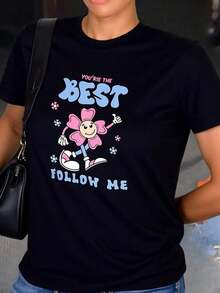 Camiseta informal de mujer con estampado de flores de dibujos animados Camiseta oversize informal para mujer con estampado floral Walking Cartoon Camisetas de Mujer - Negro - Ver 2