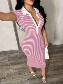 Vestido polo de manga corta a rayas blanco y negro de estilo minimalista y casual para ir al trabajo, vestido de punto de media longitud con ajuste ceñido y gran elasticidad, vestido elegante francés - Rosa - Ver 3