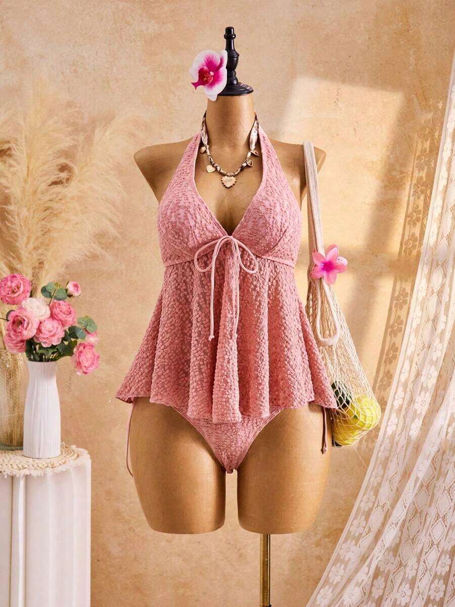2026 Bellisia Vestido elegante de mujer con estampado de lunares, tela texturizada, camisola relajada para vacaciones, bikini amarillo tipo tankini para playa.Conjunto de playa de mujer para verano 2026, temporada de graduación, boda, regreso a clases, Pascua.Camisola de verano casual y linda, con textura de punto, detalles de volantes, en estilo dulce, romántico y campestre.