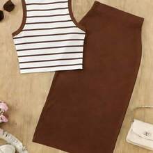 Striped Sleeveless Casual Tank Top And Mini Skirt 2 Pieces Set, Summer - Multicolor - Ver 3