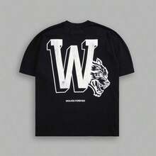 T-shirt ample à col rond à manches courtes en coton avec motif DARCSPORT WOLVES, pour tous, été, hommes, femmes. Imprimé T-shirt, T-shirt homme, T-shirt en coton homme, Y2k, Fête des Pères - Noir - Voir 1