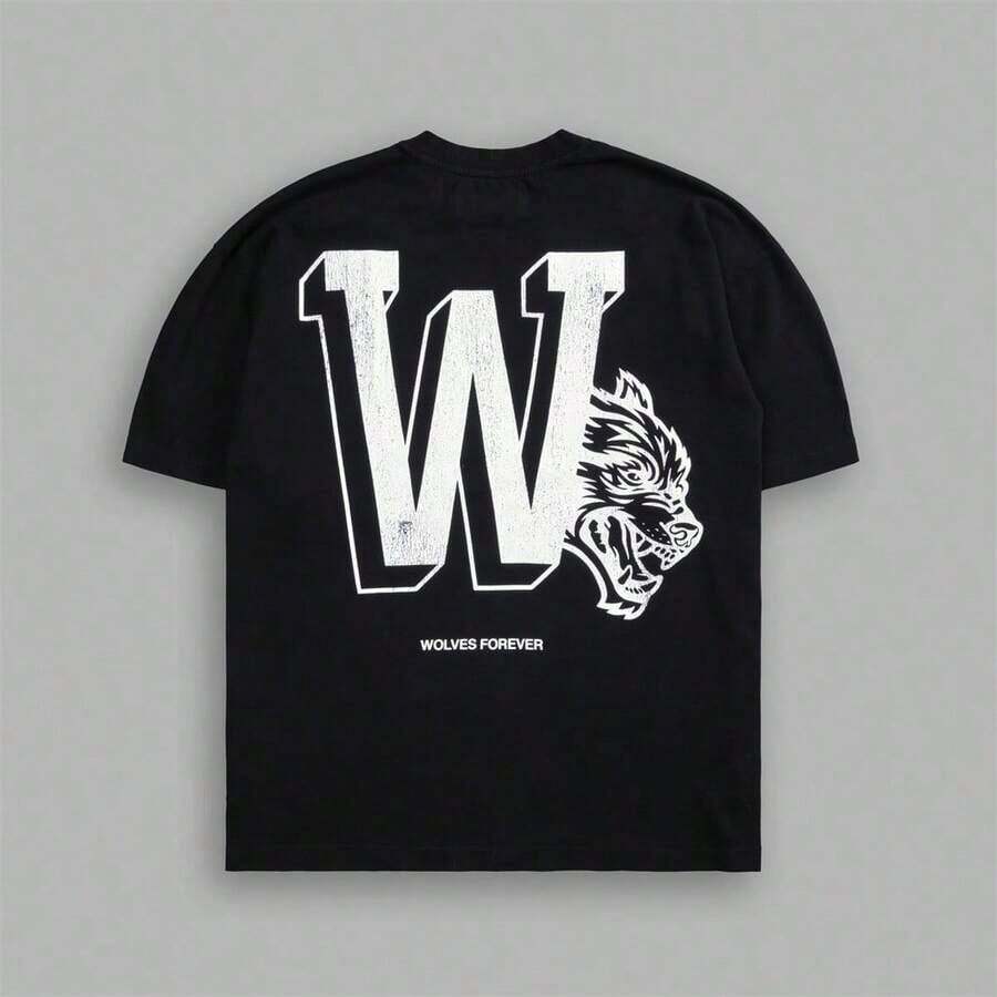 T-shirt ample à col rond à manches courtes en coton avec motif DARCSPORT WOLVES, pour tous, été, hommes, femmes. Imprimé T-shirt, T-shirt homme, T-shirt en coton homme, Y2k, Fête des Pères - Noir - Voir 1
