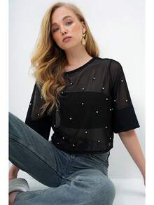 Women's Beaded Mesh Round Neck Short Sleeve Top - Black - View 5