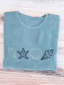 Envío gratis, entrega local enéxico, entrega en 4 días.Sudadera cálida  con bordado de conchas, suéter de cuello redondo con estampado de océano, sudadera con bordado de islas, suéter de cuello redondo, suéter de verano, surf. - Azul - Ver 4