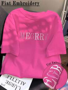 Camiseta ajustada de casual de manga corta y cuello redondo con bordado de letras para mujer de verano - Rosa Fucsia - Ver 3