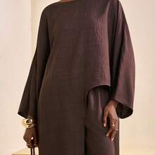 2026 Spring/Summer New Casual Commuting Loose Linen Material Brown Bat Sleeve Irregular Hem Blouse + High Waist Wide-Leg Pant Women Two Pieces Set, Suitable For Christmas, New Year, Daily Travel, Festivals, Shopping, Travel, Brunch Clothes, Airport Clothes, Party, Dates,Back To School-Z - Verde militar - Ver 8