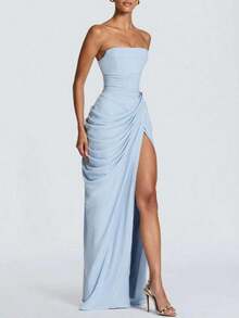 Vestido bandeau romántico francés con pliegues asimétricos y abierto alto - Azul - Ver 3
