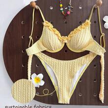 Swim Mod 2pcs Women's Beach Outfit, Fashion & Cute Resort, Beach, Party, Yacht Wear, Textured Fabric, Fill Trim, Adjustable Soft Cup Bra Top And Adorable Bikini Bottoms Set - Amarillo - Ver 3