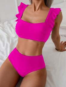 Conjunto de traje de baño para mujer, conjunto de unicolor con escote cuadrado tipo bandeau, tirantes con volantes - Rosa Fucsia 2 - Ver 1
