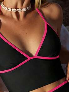 Bikini de 2 piezas con tiras de espagueti, copa triangular y shorts de cintura alta en contraste de azul y albaricoque, estilo dulce para mujer, Primavera/Verano 2026 - Negro - Ver 3