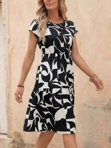 Vestido corto con cuello redondo y manga corta de estampado geométrico, casual para mujer, adecuado para primavera/verano - Negro - Ver 4