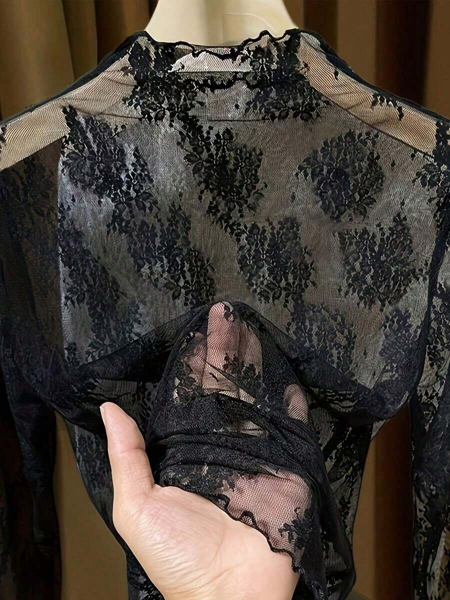 Camiseta interior de cuello alto de encaje, top de manga larga de malla de moda informal - Negro - Ver 1