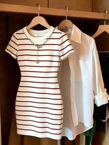 Vestido mini casual de mujer con rayas, de verano - Cafetería - Ver 3