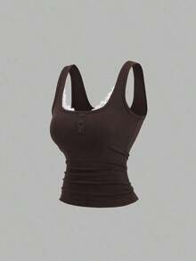Camiseta de tirantes casual de mujer con parches de encaje - Marrón - Ver 3