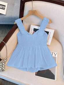 Blusa holgada con tirantes anchos y nudo de lazo en la cintura para mujer, ropa para la universidad - Azul - Ver 2