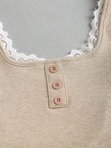 Camiseta de tirantes casual de mujer con parches de encaje - Caqui - Ver 4