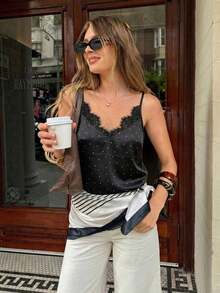 Camiseta de tirantes de mujer de verano casual con estampado de lunares y parches de encaje - Multicolor - Ver 5