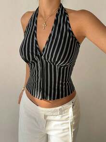 delgado de mujer de algodón con rayas, cuello alto y abotonadura sencilla, para otoño/invierno - Negro 2 - Ver 3