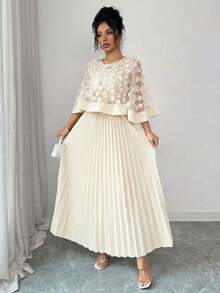 Vestido con decoración floral elegante y bajo plisado, adecuado para bodas, fiestas de cumpleaños y otras ocasiones, otoño - Albaricoque - Ver 4