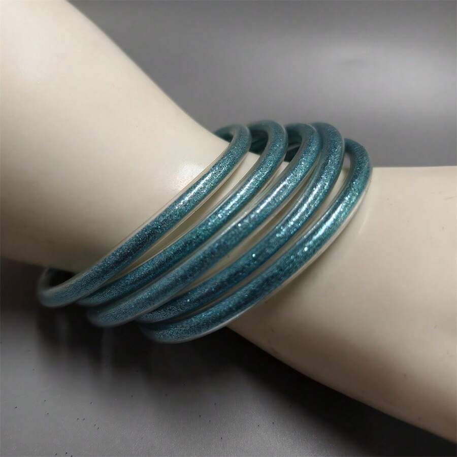 5pcs/Set Lightweight Shiny Bangle Bracelets, Silver Cuff Style Fashion Jewelry, Suitable Gift For Friends Party/Vacation, For Women - Silver Plugs, 5 Per Set - View 1