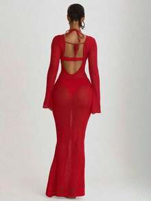 Resort Maxi Vestido de Punto con Espalda Descubierta para Vacaciones, Verano, Viajes, Ropa de Playa Básica, Color Sólido, Estilo Resort Core - Rojo - Ver 4