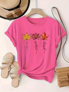 Women's Casual Short Sleeve T-Shirt With Autumn Maple Leaf Print And "Hello Autumn" Writing - 100% Polyester, Breathable Comfort For All Seasons, Relaxed Fit, Crew Neck, For Casual Outfits, Seasonal Versatility, Autumn Design, Soft Fabric T-Shirt, Versatile Top, Durable Polyester, Printed Top, For Autumn Lovers - 黑色 - 查看 7