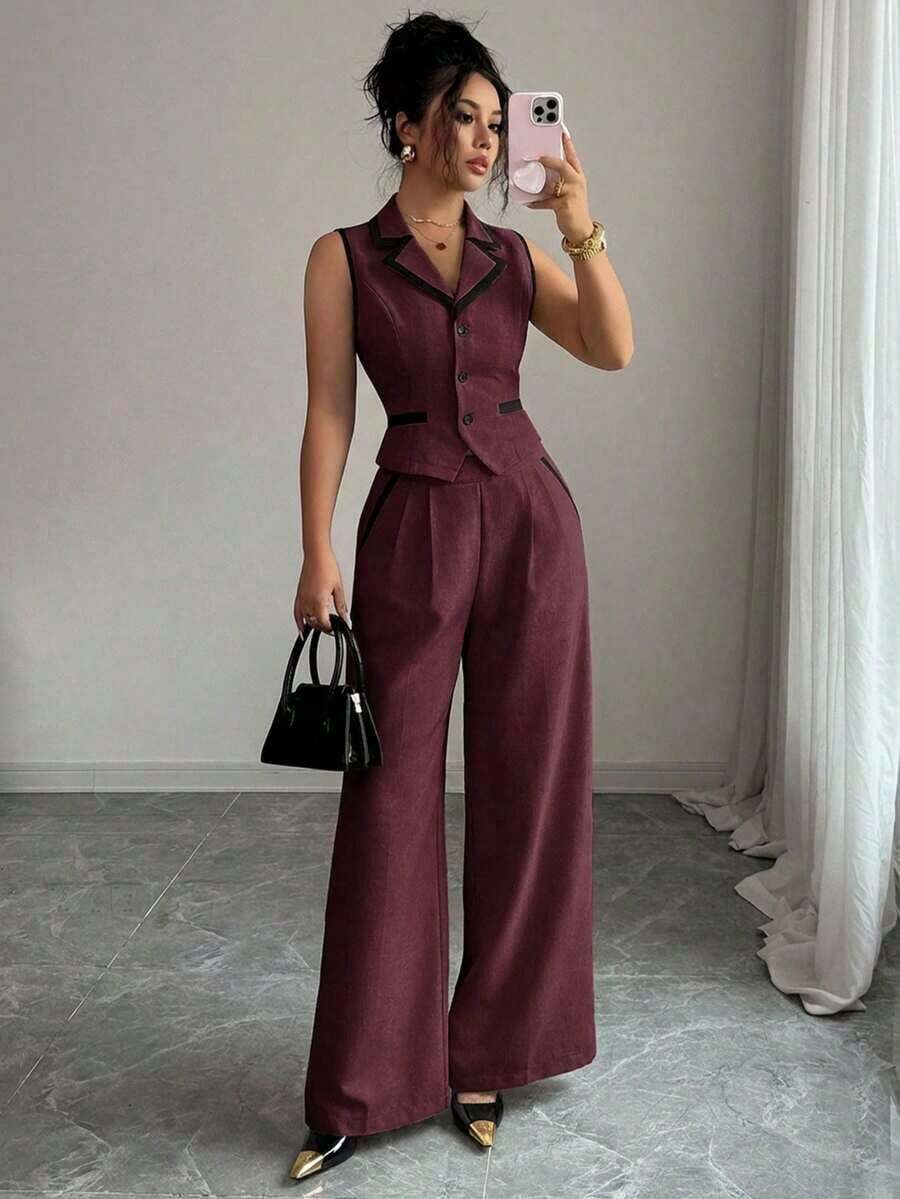 Traje de chaleco y pantalones con ribete de contraste elegante para mujer, todos los atuendos para mujer, de vuelta a la escuela, atuendos de maestra para mujer, vestido de invitada de boda elegante, casual de negocios para mujer, vestido de in - Burdeos - Ver 1