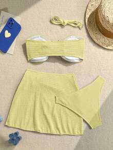 Set de bikini bandeau de 3 piezas de tela texturizada de unicolor, para vacaciones y playa - Amarillo claro - Ver 2