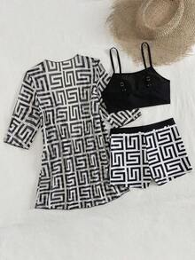 Swim Conjunto de bikini casual con estampado de plantas tropicales con kimono corto de manga corta como cubridor para verano - Multicolor 5 - Ver 5