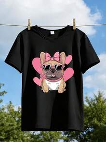 1pc Women's And Unisex Y2K Short Sleeve T-Shirt - Heart Bow Puppy Print Blouse - Compatible Round Neck Top, Soft Breathable Suitable For Valentine's Day, Prom Outfits, Couple/Sister Matching Outfits, Spring Gift Clothing - 黑色 - 查看 1