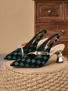 WHDXY 7cm Asymmetric Heel Chinese Style Green Floral Print Single Strap Pointed Toe Sandals, Elegant Mary Jane Shoes Suitable For Work And Party - Green - View 2