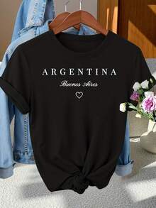 Camiseta elegante de manga corta para mujer con estampado 'Buenos Aires' para el 'Día de la Soberanía Nacional Argentina', perfecta para el uso casual, los desplazamientos, las vacaciones y el estilo vintage cotidiano, disponible en tallas S-XXL - Negro - Ver 2