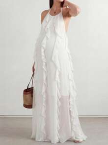 Bump Style Maternity Dress, Elegant Casual Daily Commute Vacation Minimalist Sexy Backless White Dress, Birthday Party Dress, Vintage Style Dress, Bodycon Dress, Solid Color Round Neck Sleeveless Waist-Cinching Mid-Length/Long Dress, Bohemian Style - White - View 5