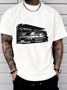 Short-Sleeve Printed T-Shirt For Women, Casual T-Shirt For Men, Urban Style Sports Car Print Short-Sleeve Top, Fashionable Everyday Wear For Men, Fashionable Women's Clothing, Crew Neck, 100% Cotton, Soft Fabric, Short Sleeves, Breathable And Cool. 100% Cotton - 白色的 - 查看 1