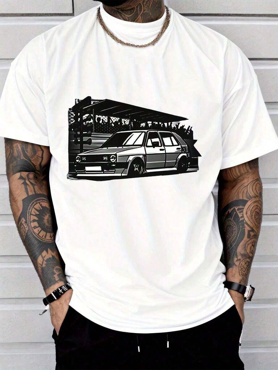 Short-Sleeve Printed T-Shirt For Women, Casual T-Shirt For Men, Urban Style Sports Car Print Short-Sleeve Top, Fashionable Everyday Wear For Men, Fashionable Women's Clothing, Crew Neck, 100% Cotton, Soft Fabric, Short Sleeves, Breathable And Cool. 100% Cotton - 白色的 - 查看 1