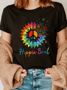 Camiseta con Estampado Hippie Soul, Manga Corta, Cuello Redondo, Estilo Casual para Verano y Primavera, Ropa de Mujer - Blanco - Ver 6